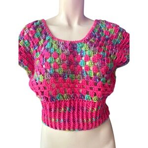 Handmade Crochet Crop Top Pink 70s y2k Color Grannycore Stitch Boho Festival S m